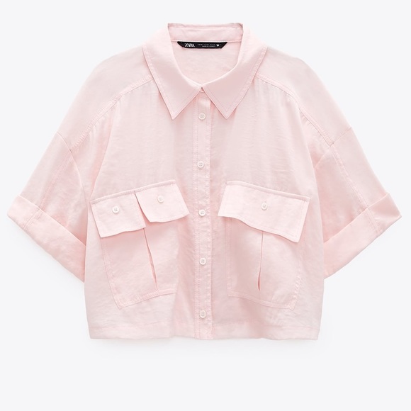 NWT. Zara Light Pink Modal Blend Flowy Shirt with Pockets. Size M. - Picture 5 of 10